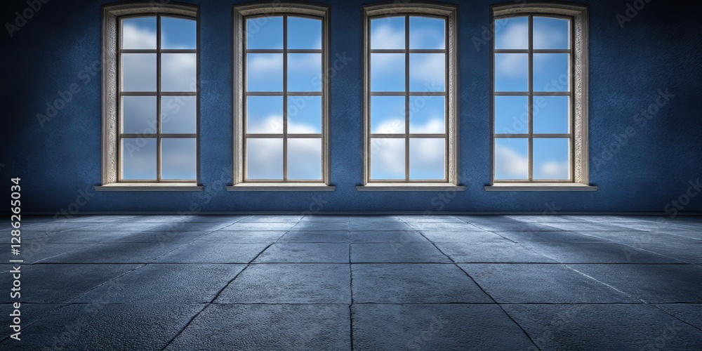 Poster a room features three windows offering a clear view of the sky, enhancing the space with natural lig