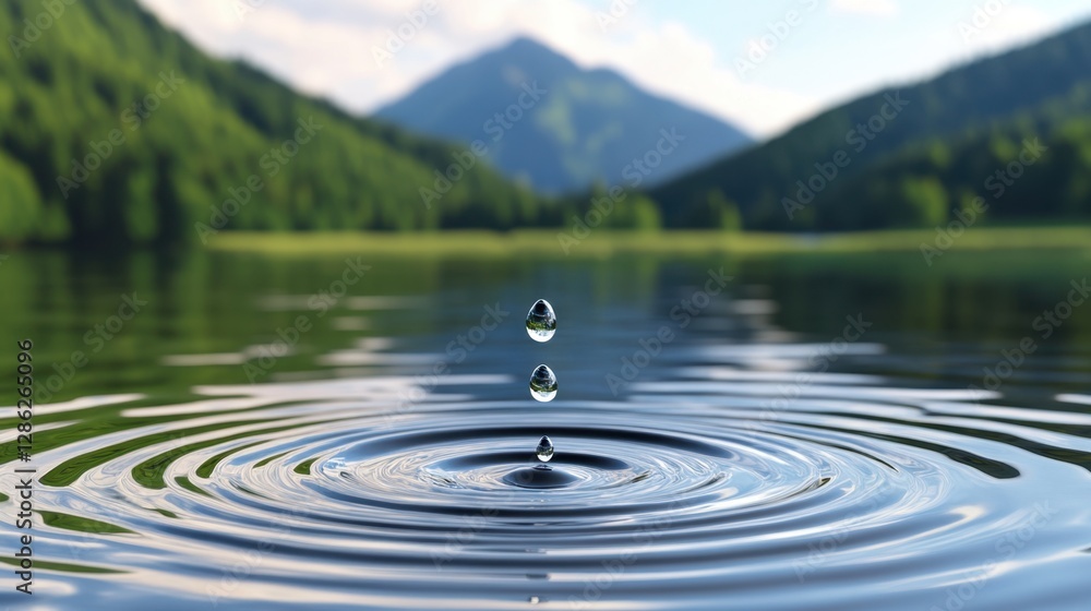Poster close up of two water droplets falling into a calm lake, creating concentric ripples. green mountain