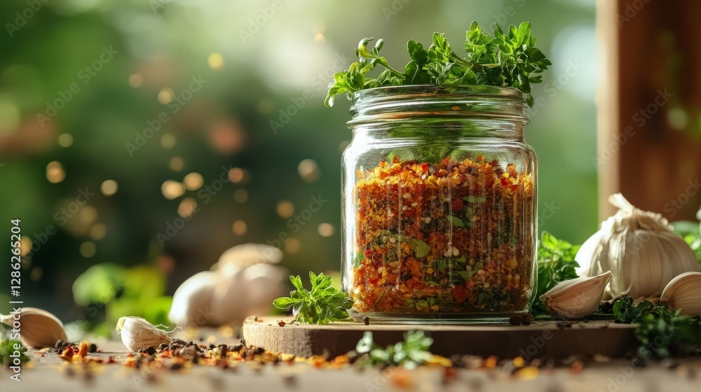Poster a jar of spices with fresh herbs, placed on a studio table with soft lighting,