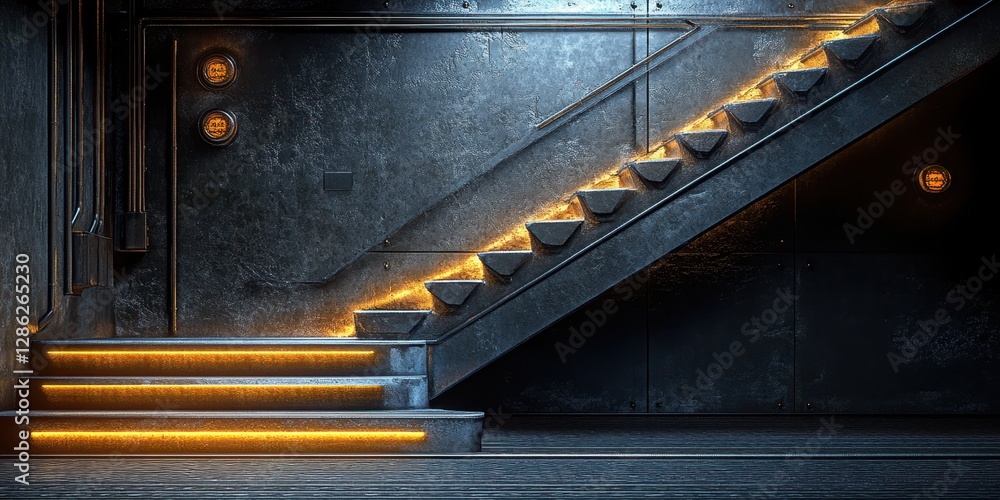 Poster a well-lit staircase features illuminated steps that guide the way to the second floor, enhancing th
