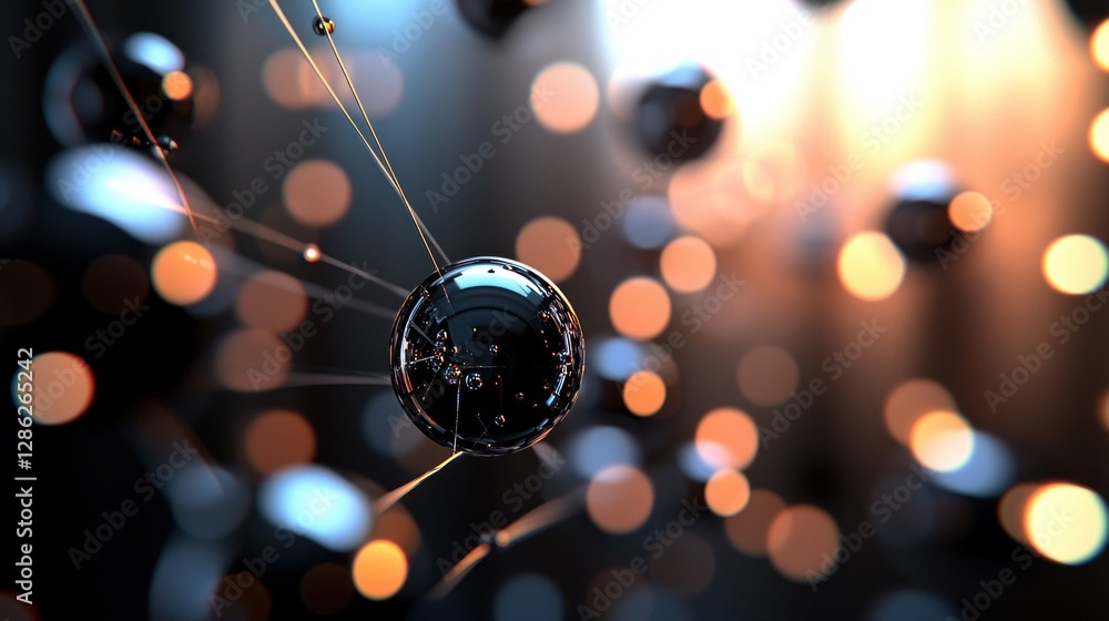 Poster abstract representation of interconnected spheres with glowing orbs in a dark environment