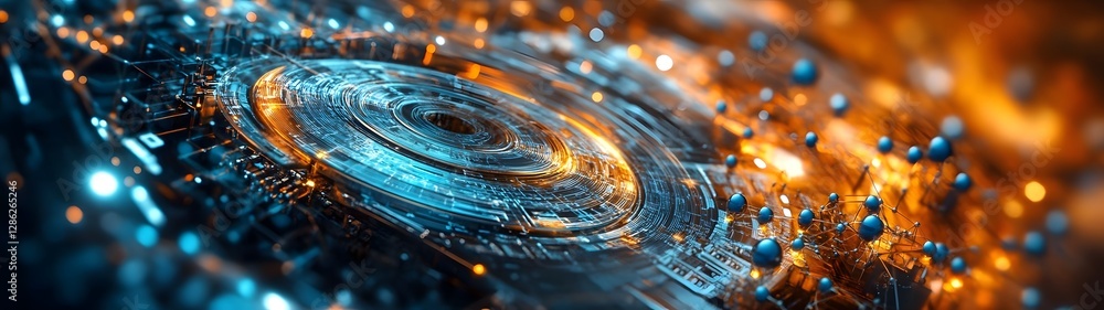 Poster Futuristic swarm of glowing digital particles in dynamic flow and network  Abstract data visualization with fractal patterns light and motion  3D rendering of a high tech
