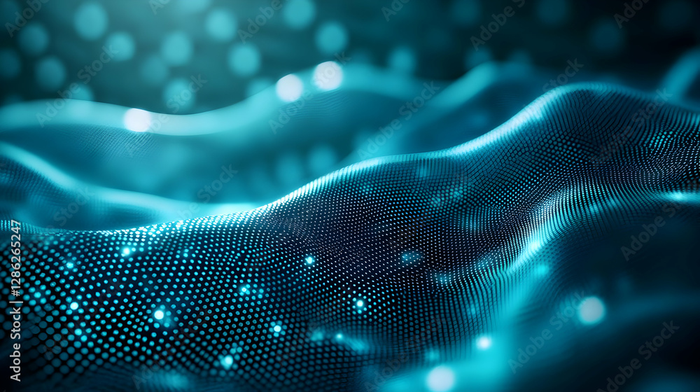 Poster abstract digital visualization of waves with glowing particles, representing advanced technology and
