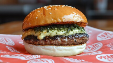 Delicious Cheeseburger with Herb Topping and Sesame Bun