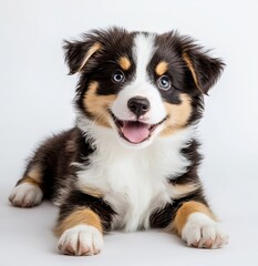 A charming black and white Border Collie puppy is lying down, looking straight ahead. The puppy's sweet eyes are directed towards the camera, and it has its pink tongue out while panting. The entire