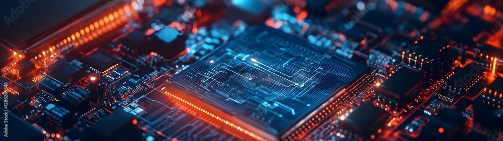 Poster Futuristic Technological Circuit Board with Vibrant Lights and Colors   High Tech Computerized Microchip and Processor Backdrop with Intense Abstract Patterns and Textures