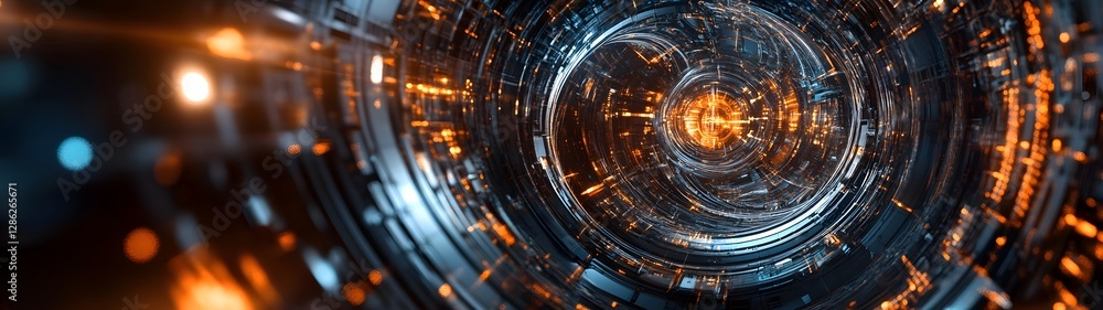 Poster Futuristic swirling vortex portal leading to a dimensional cyber matrix filled with vibrant pulsating colors and energetic light particles