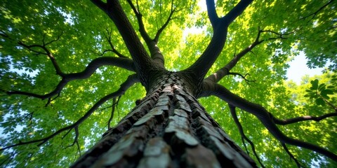 Naklejka premium Looking Up at a Majestic Tree with Lush Green Canopy and a Rugged Trunk
