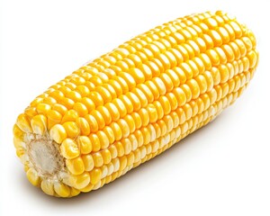 Close up view of a single ear of corn, vibrant yellow kernels, slightly glistening, set against a stark white background. 