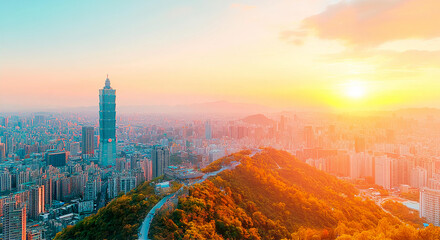 Naklejka premium Capital city Kuala Lumpur. Sunset and futuristic cityscape with skyscrapers of financial and business area.