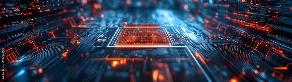 Poster Futuristic technology circuit board with digital data intelligence cyber symbols and high tech electronic components  Abstract background with lines patterns