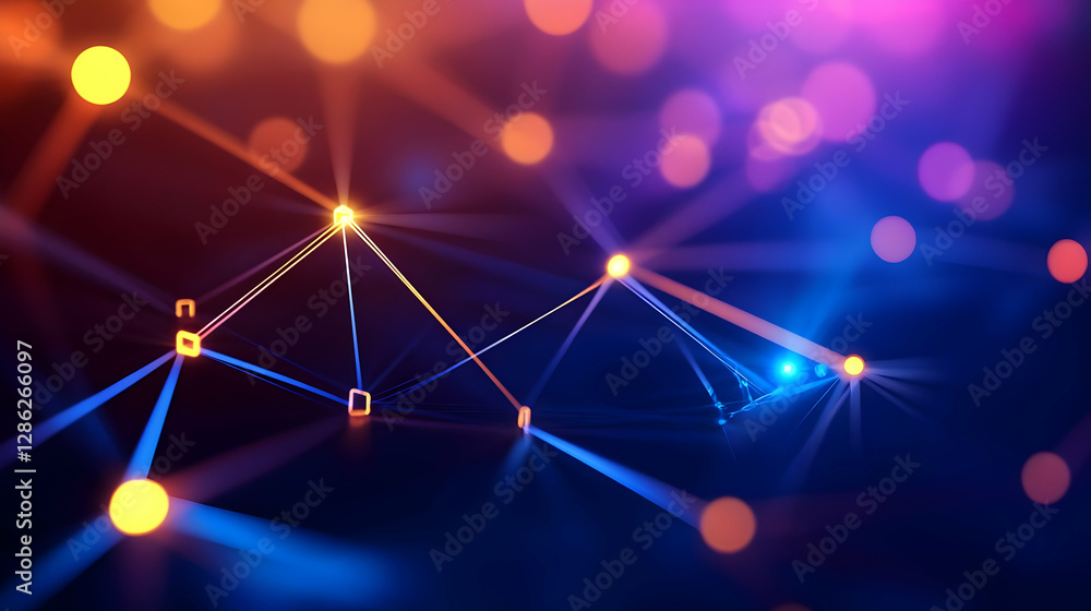 Poster an abstract representation of a digital network, featuring glowing lights and interconnected lines i