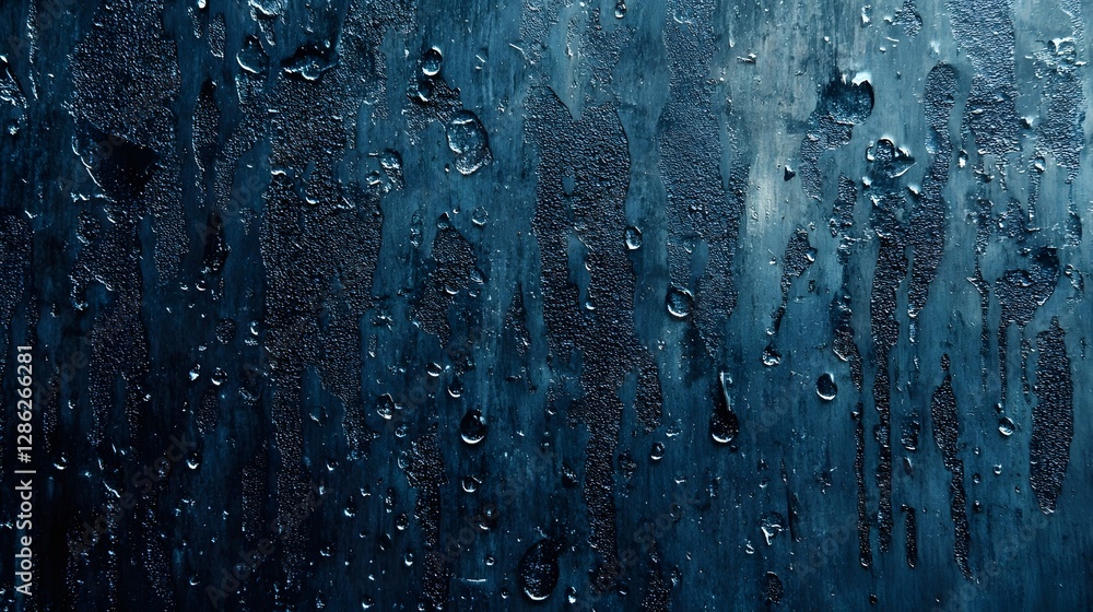 Poster Gloomy Wet Glass Backdrop with Falling Raindrops and Streaming Water Reflections  Dark moody and atmospheric image with a textured wet glass surface and rainfall patterns