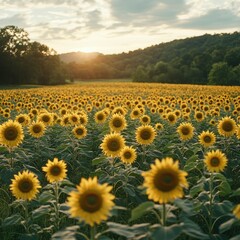 Obraz premium Sun setting over a vast sunflower field.