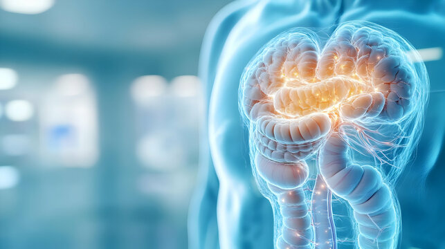 An anatomical illustration showcasing the digestive system's intricate structure and function in a modern medical environment.