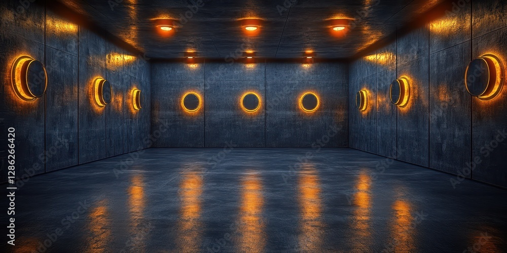 Poster a room with concrete walls illuminated by numerous glowing circles of light, creating a striking con