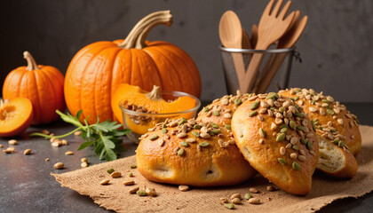 Pumpkin bread rolls with seeds against autumn kitchen background