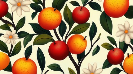 Vibrant illustration of oranges and white flowers on branches against a creamy background. The style is reminiscent of botanical prints with