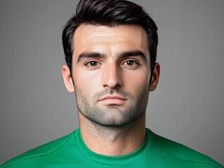 Fototapeta premium Confident dark haired man in green sports t shirt with intense focused gaze looking at camera against neutral gray background in high quality athletic portrait