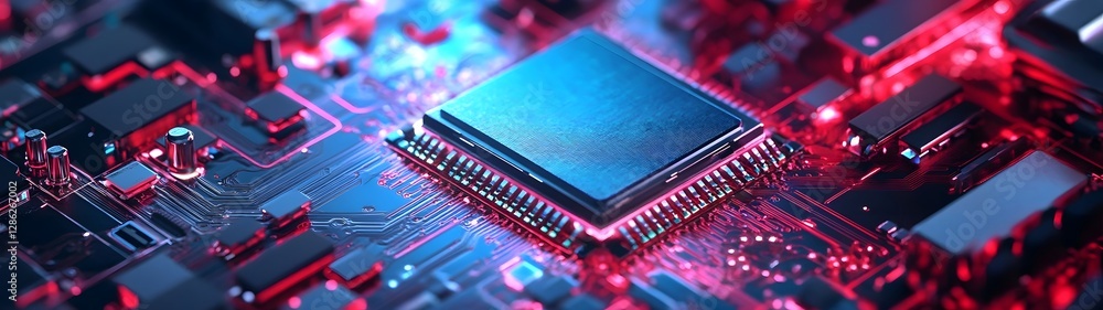 Poster glowing blue and red futuristic electronic circuit board close up with complex microchips connection