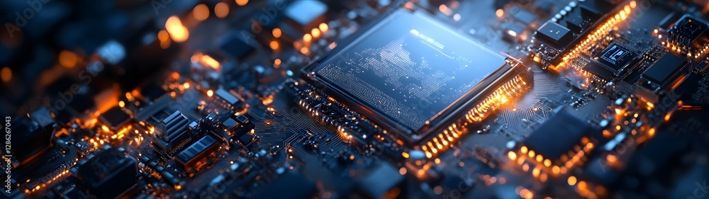 Poster Glowing blue and orange electronic circuit board with intricate microchip and processor components representing the abstract concept of advanced digital intelligence and engineering innovation