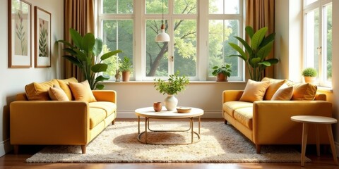 Sunlight streams through large windows illuminating a living room with two mustard yellow sofas, a neutral rug, and potted plants