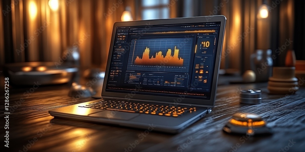 Poster a laptop computer rests on a table, accompanied by a candle and a clock, creating a cozy and product