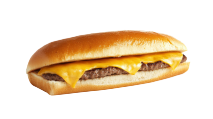 Delicious cheeseburger served in a soft bun with melted cheese on a white background