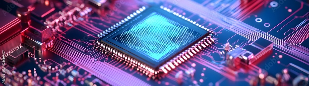 Poster Glowing Circuit Board with Vibrant Microchips and Electronic Devices for High Tech Innovation  Advanced digital technology computer engineering and futuristic electronic concept