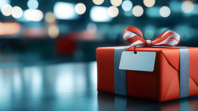 A beautifully wrapped red gift box with a ribbon and a blank tag, perfect for celebrating special occasions and spreading joy.