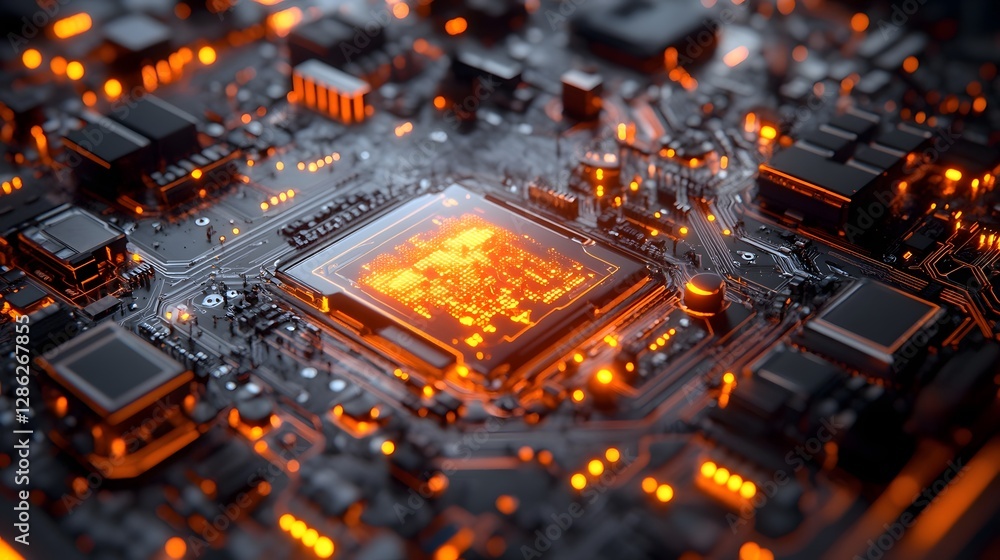 Leinwandbilder Glowing Circuitry   Futuristic Microchip and Electronic Hardware Abstract  Closeup of a complex semiconductor microchip or printed circuit board with vibrant orange and yellow lighting