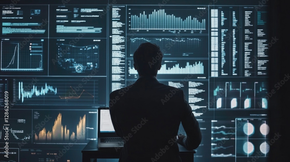 Poster data analyst at work, a silhouette against a wall of data visualizations