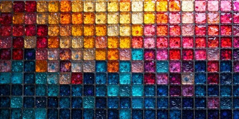 Vibrant Jewel-Toned Mosaic Tile Gradient Background Featuring a Spectrum of Colorful Square Tiles Arranged in a Seamless Pattern