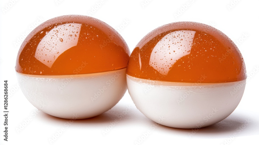 Poster two translucent amber and white spheres rest on a white background. the top portion of each sphere i