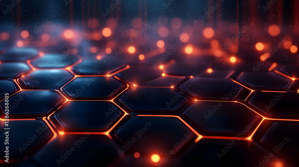 Poster a captivating close-up of a hexagonal grid illuminated by vibrant orange and blue lights, representi