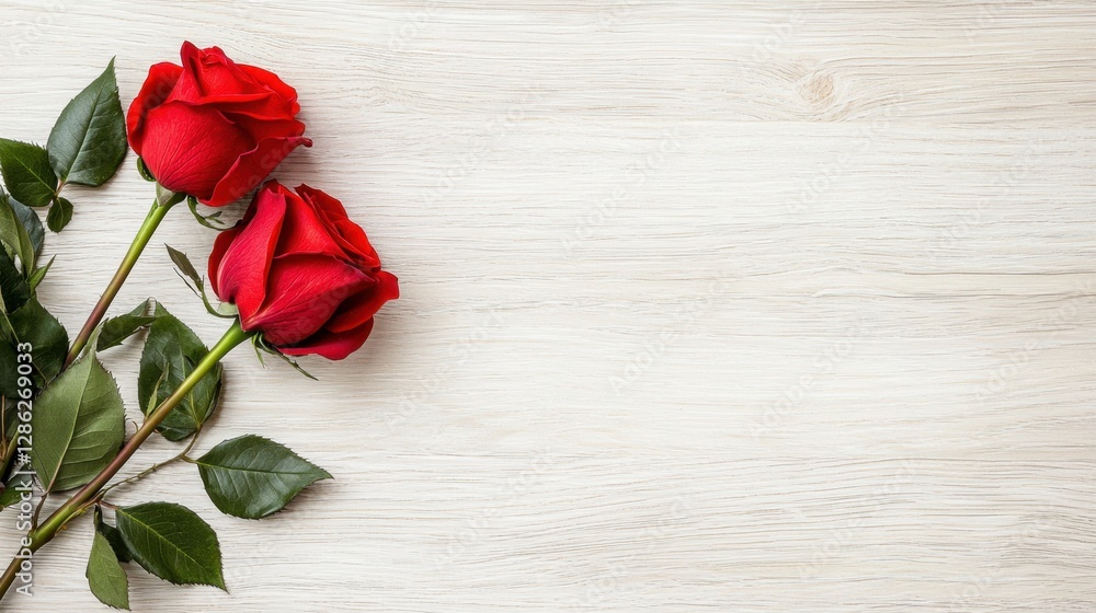 Poster two vibrant red roses with dew drops lie on a rustic white wooden background, creating a romantic an