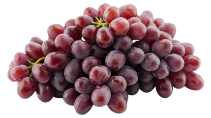 A cluster of red grapes stacked together in a casual pile on a smooth white background, with light reflecting off their glossy skins
