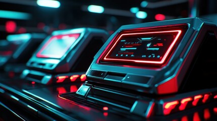 Futuristic control panels with glowing red accents in a high-tech environment at night