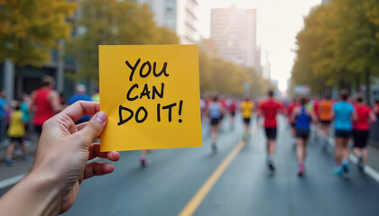 Hand holding motivational sign during city marathon