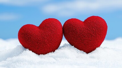 Fototapeta premium Two red glitter hearts rest on a bed of pristine white snow against a vibrant blue sky. A romantic winter scene