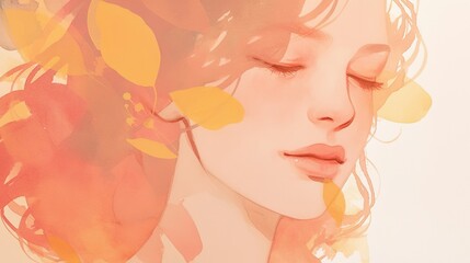 Dreamy portrait of a woman with closed eyes, adorned with autumn leaves, conveying a sense of serenity and natural beauty.