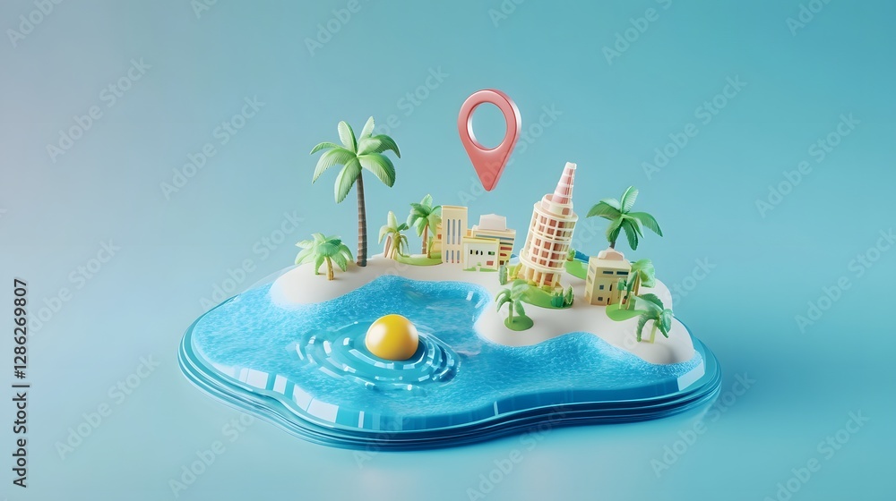 Poster miniature scale model of a tropical island with iconic landmarks palm trees and navigation symbols l