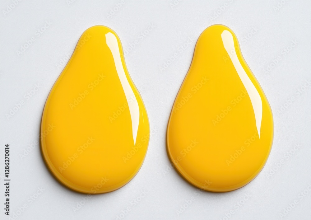 Poster two vibrant yellow pear shaped paint blobs on a light gray background. close up studio shot with hig