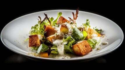 Closeup Of Salad On White Plate Dark Background with Croutons and Cheese Topping Dishes and Ingredients Photography High End Food Styling Image Presentation Restaurant Menu Item Photography With