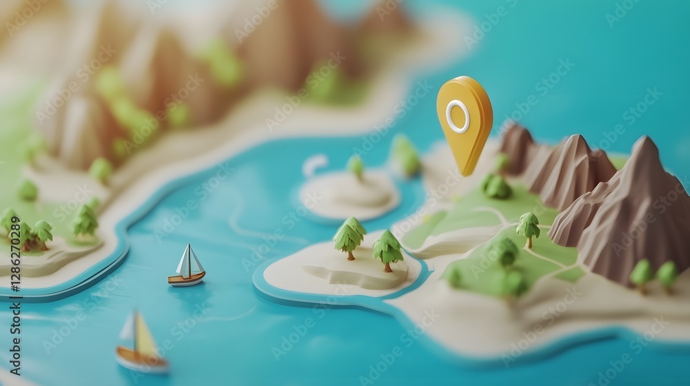 Poster miniature toy island model with boats sailing on the ocean mountains in the background and a lush fo