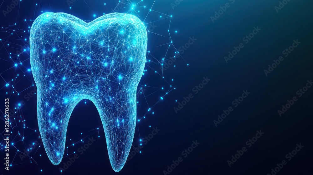 Poster digital tooth illustration with network mesh on blue gradient background