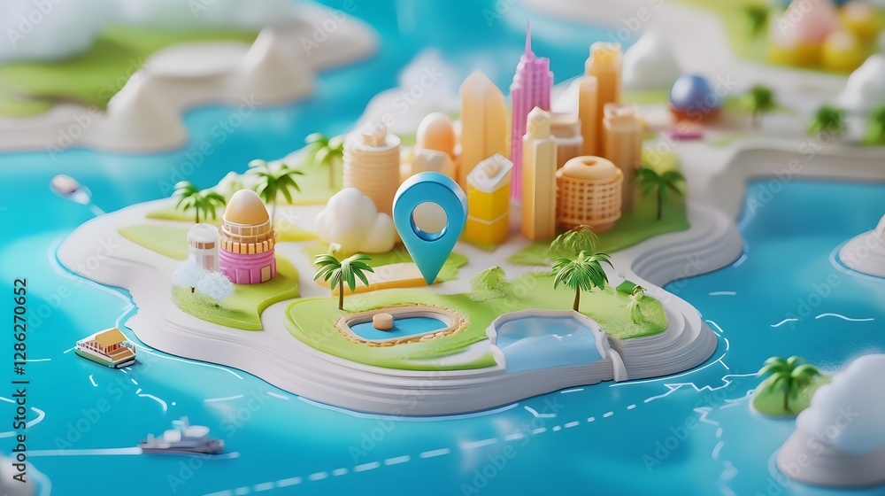 Poster miniature toy map model depicting an idyllic tropical island paradise complete with colorful buildin