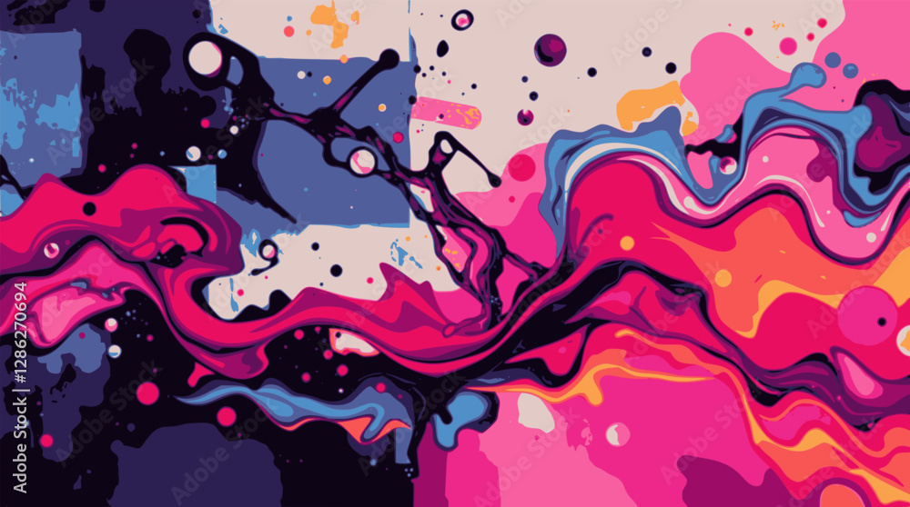Poster fluid ink abstract background with artistic paint splashes and vibrant color mix.