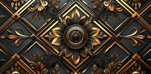 Seamless golden Art Deco diamond palm fan line design. Vintage roaring 20s abstract geometric gold-plated relief sculpture on a dark black background. Elegant shiny luxury backdrop. 3D rendering