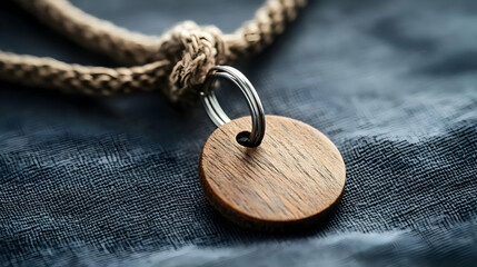 A close-up of a wooden pendant on a rope, showcasing a simple yet elegant design against a soft fabric background.